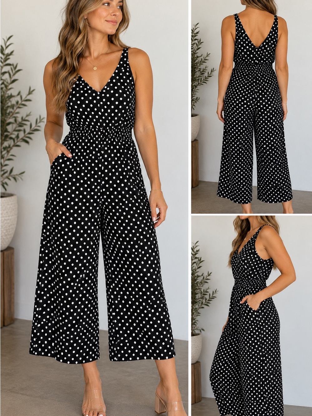LOFT Black & White Polka Dot Sleeveless Wide-Leg Jumpsuit